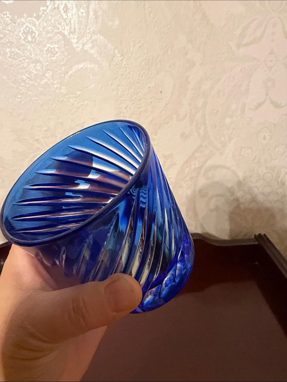 Cobalt Blue double old fashioned cut to clear Swirl glass